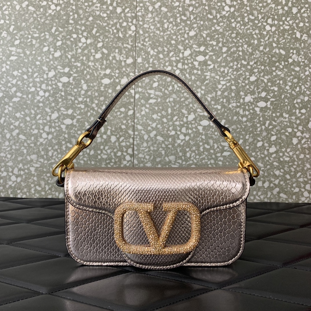 Valentino Garavani Loco Small Shoulder Bag in Gold Snake Grain Calfskin Leather